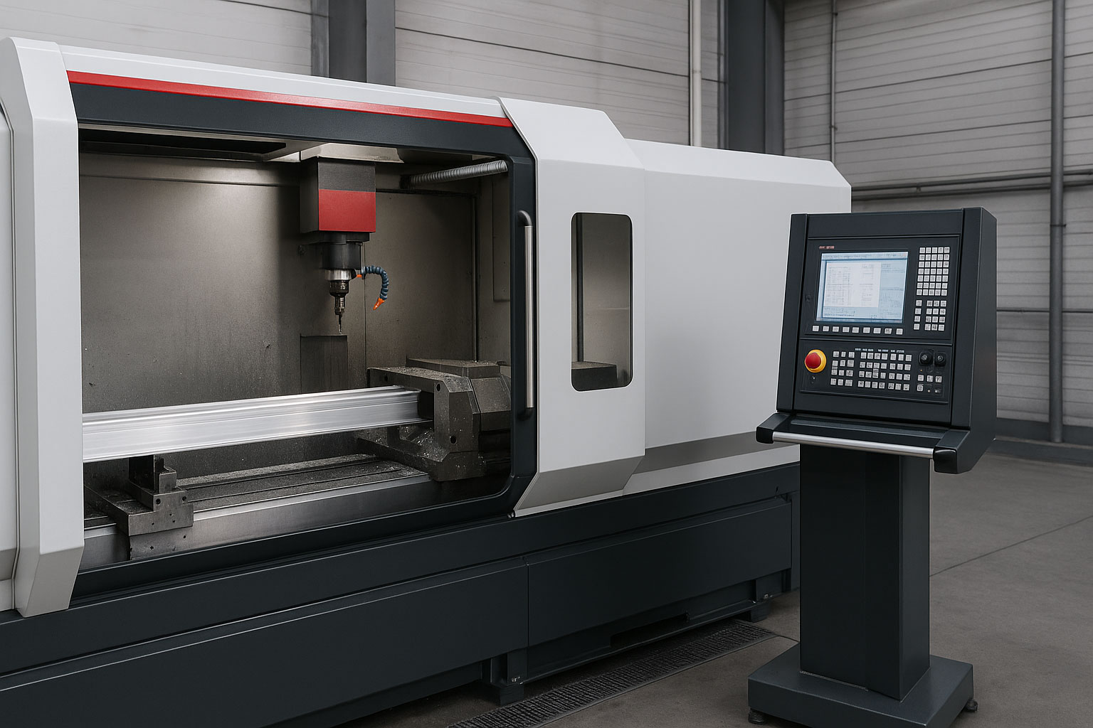 Centro de mecanizado CNC trabajando sobre un perfil de aluminio en un entorno industrial moderno.