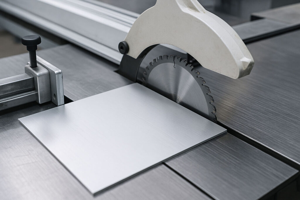 Sierra industrial realizando el corte y escuadrado de un perfil de aluminio con alta precisión.