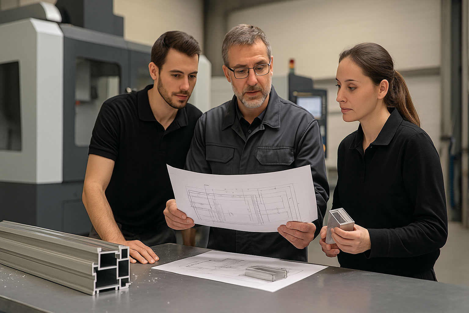 Equipo técnico de Perfimek revisando planos de mecanizado de aluminio en taller industrial.