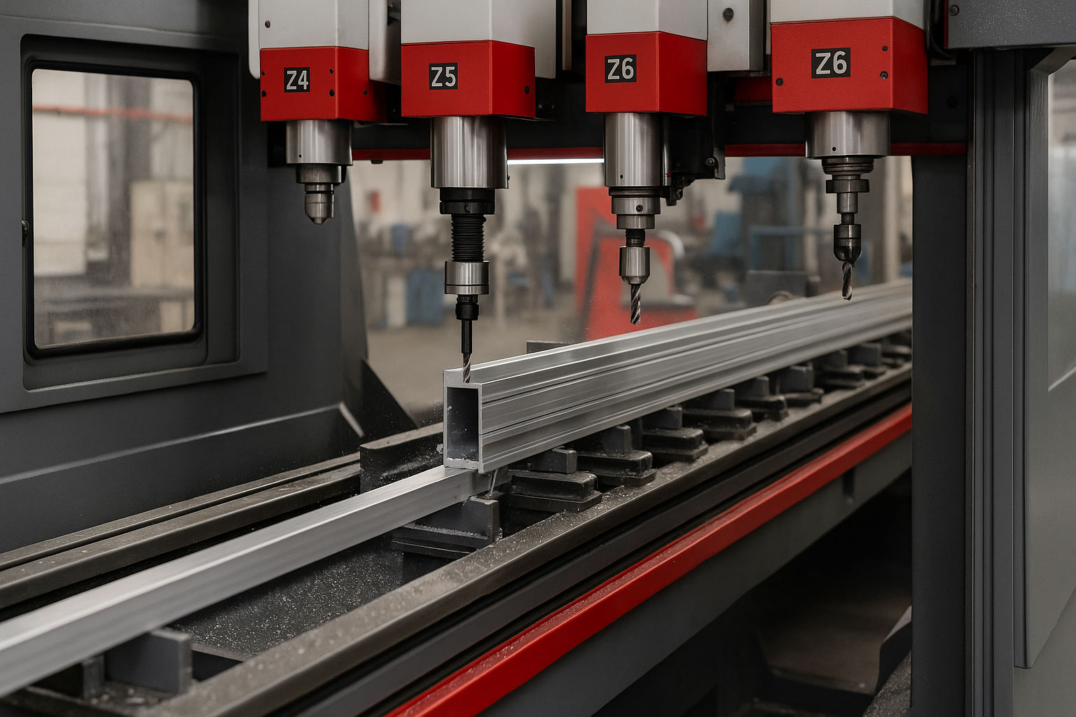 Máquina CNC multieje realizando operaciones de taladrado y fresado sobre perfiles de aluminio con alta precisión.