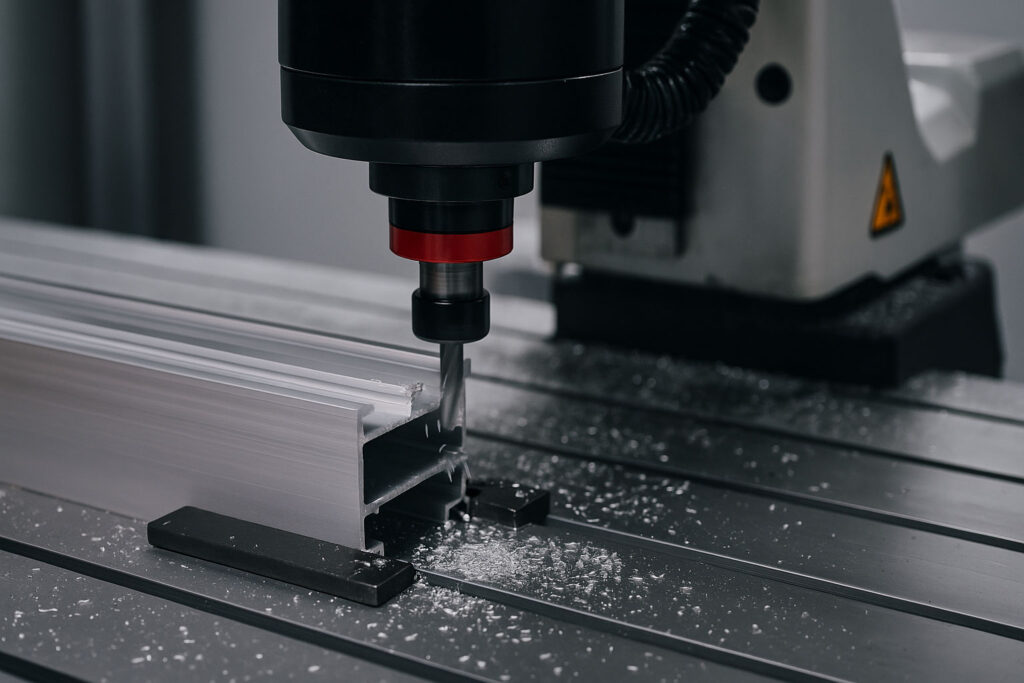 Máquina CNC realizando el fresado de un perfil de aluminio con precisión industrial.