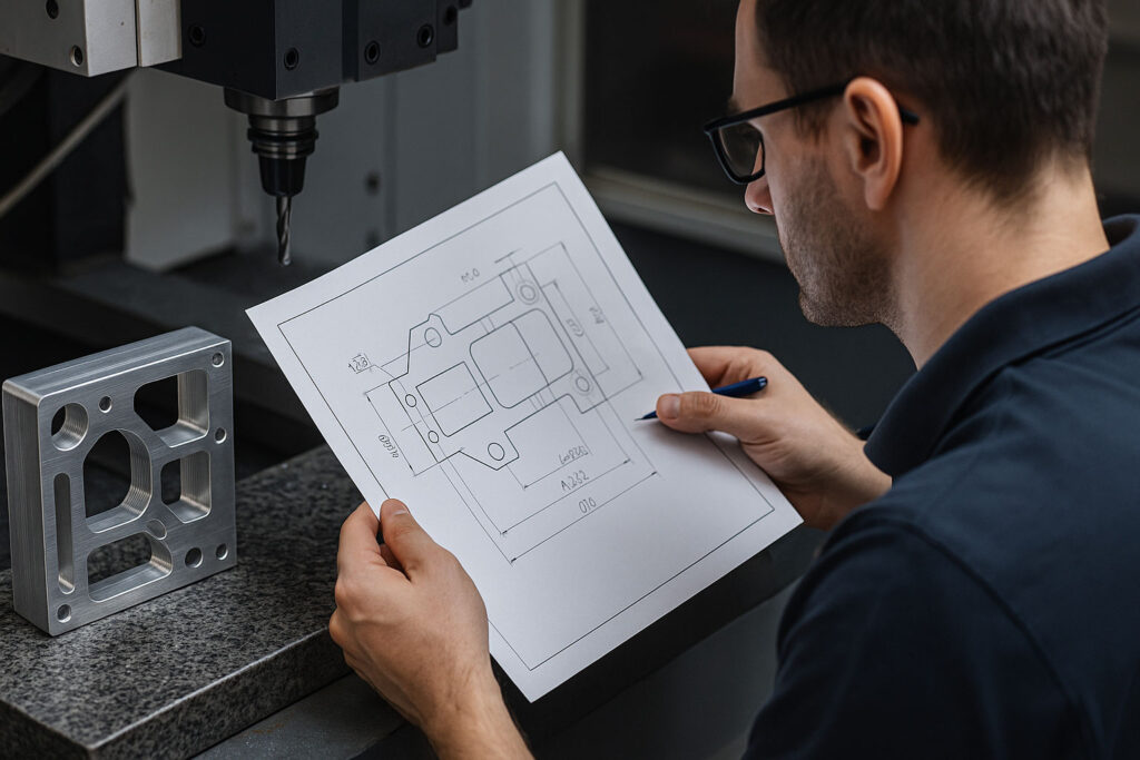 Técnico de Perfimek revisando un plano técnico junto a una pieza de aluminio mecanizada.