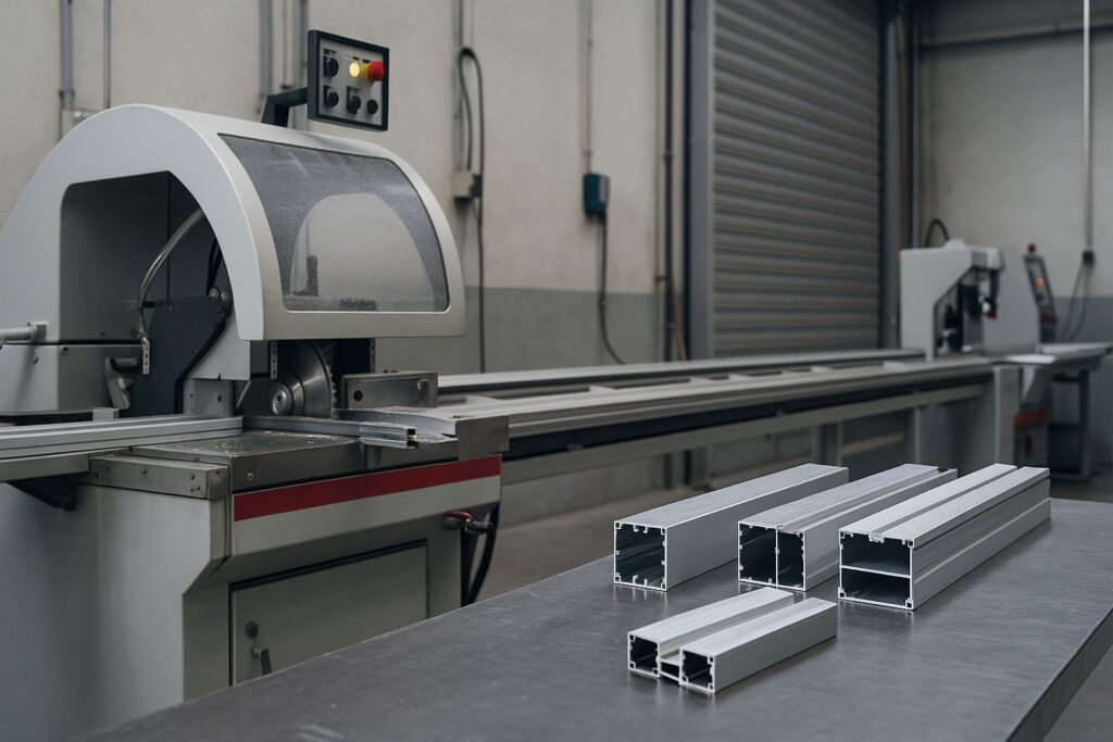 Operario utilizando un puesto de corte a medida para seccionar perfiles de aluminio en taller industrial.