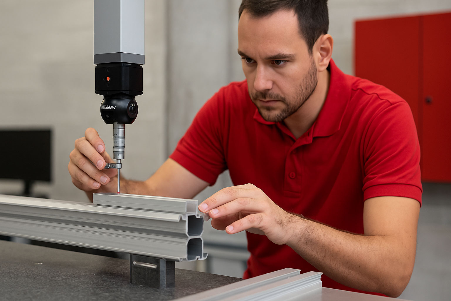 Técnico realizando control dimensional de una pieza de aluminio con máquina de medición por coordenadas en taller industrial.