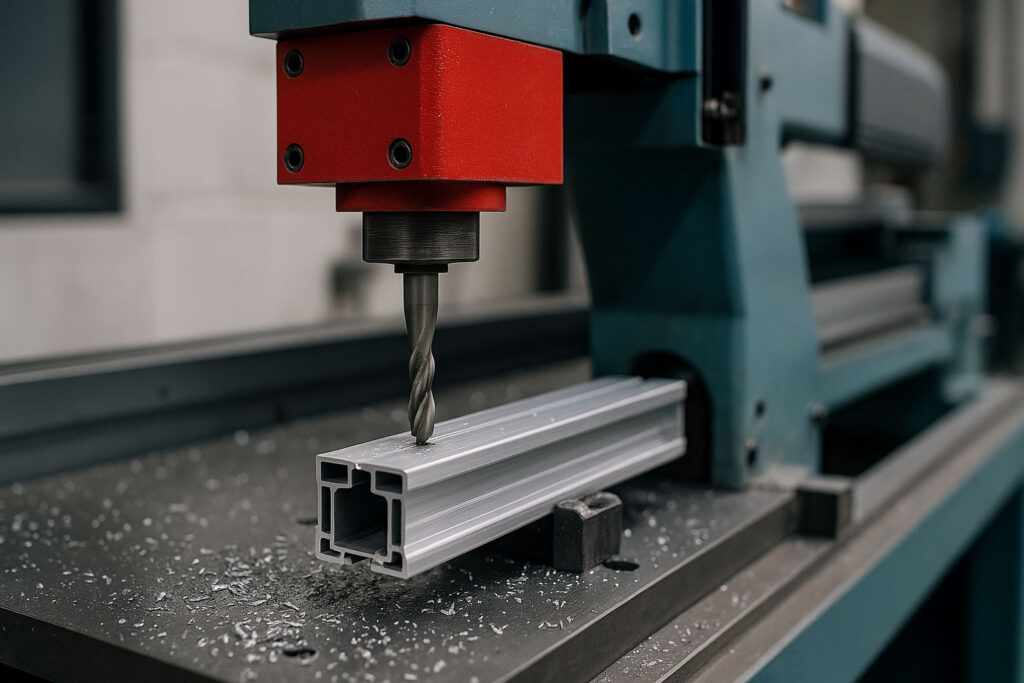 Fresadora CNC en taller industrial mecanizando un perfil de aluminio con precisión.